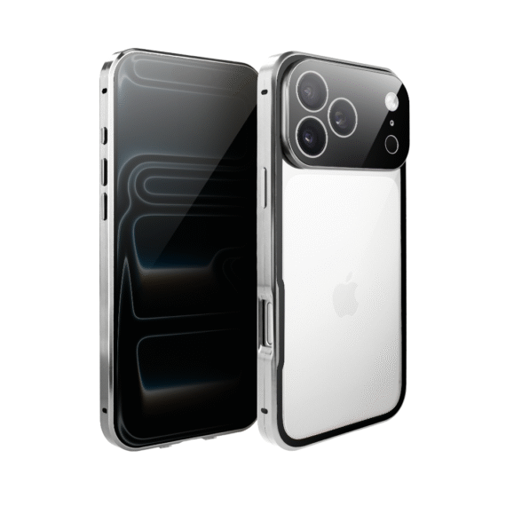 Obudowa do iPhone 17 Pro Max podwójna szyba i polerowane aluminium 360° magnetyczna, z osłoną aparatu, srebrna (8)