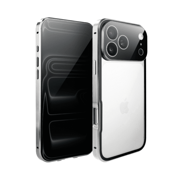 Obudowa do iPhone 17 Pro podwójna szyba i polerowane aluminium 360° magnetyczna, z osłoną aparatu, srebrna