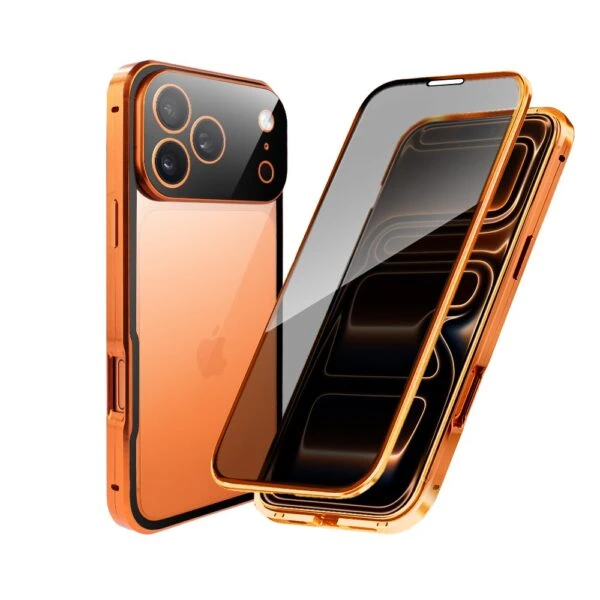 Obudowa do iPhone 17 Pro Max, podwójna szyba i aluminium 360° przód + tył magnetyczna, z osłoną aparatu i szkłem prywatyzującym, pomarańczowa