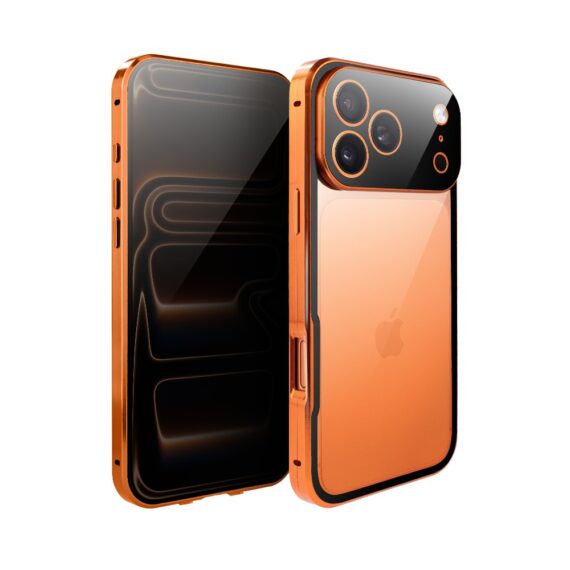 Obudowa do iPhone 17 Pro, podwójna szyba i aluminium 360° przód + tył magnetyczna, z osłoną aparatu i szkłem prywatyzującym, pomarańczowe Obszar kompozycji 1