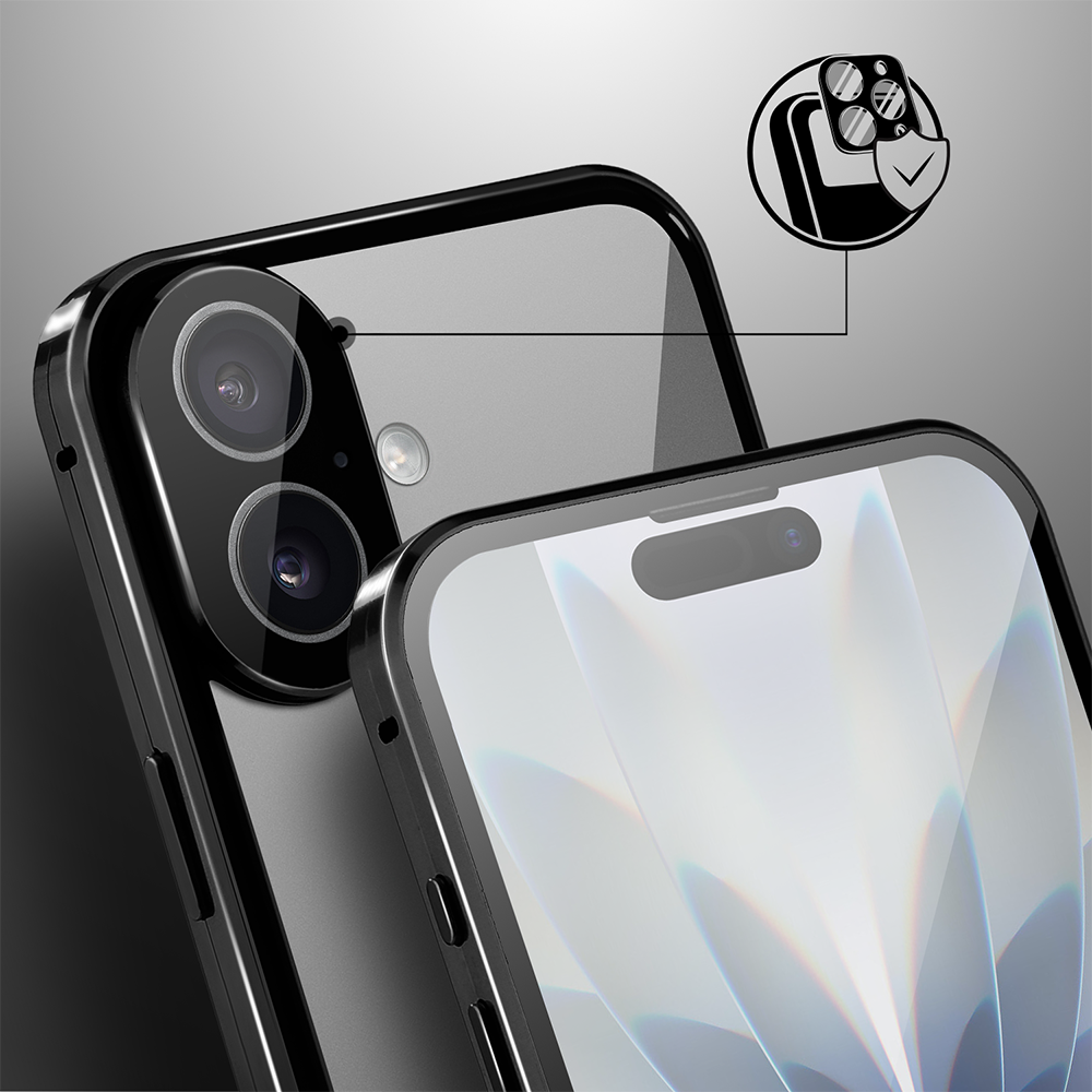 Obudowa do iPhone 17 podwójna szyba i polerowane aluminium 360° magnetyczna, z osłoną aparatu, czarna (1