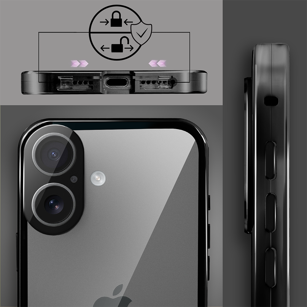 Obudowa do iPhone 17 podwójna szyba i polerowane aluminium 360° magnetyczna, z osłoną aparatu, czarna (1 (3)