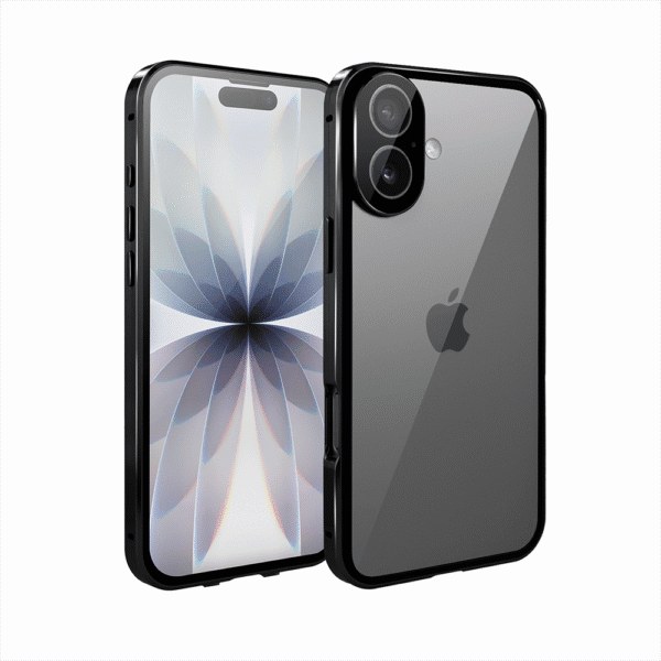 Obudowa do iPhone 17 podwójna szyba i polerowane aluminium 360° magnetyczna, z osłoną aparatu, czarna