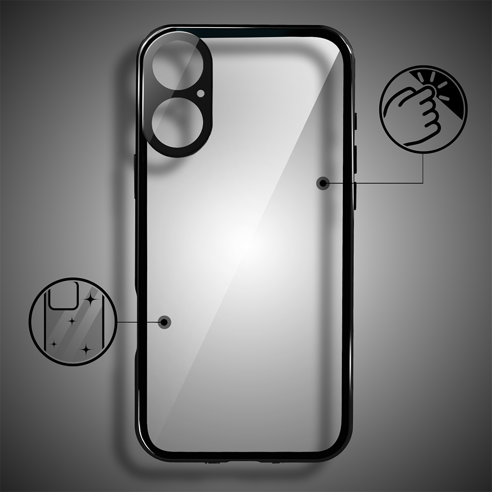 Obudowa do iPhone 17 podwójna szyba i polerowane aluminium 360° magnetyczna, z osłoną aparatu, czarna (1 (8)