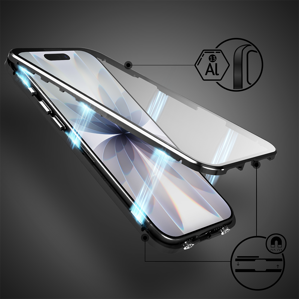 Obudowa do iPhone 17 podwójna szyba i polerowane aluminium 360° magnetyczna, z osłoną aparatu, czarna (1)