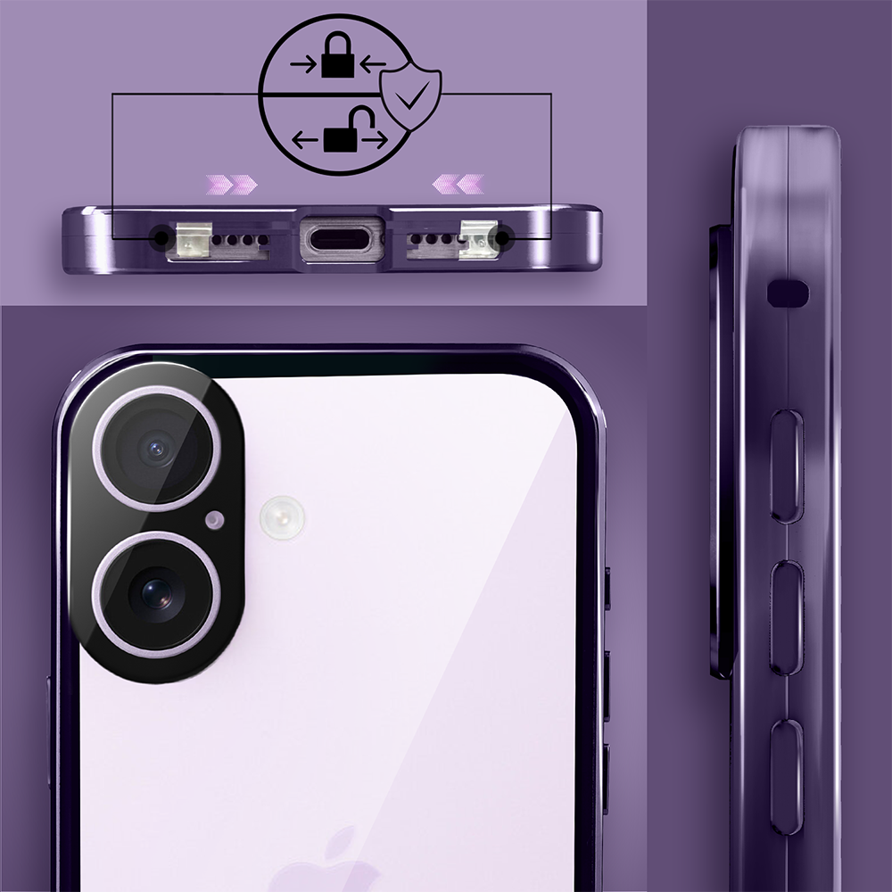 Obudowa do iPhone 17 podwójna szyba i polerowane aluminium 360° magnetyczna, z osłoną aparatu, fioletowa