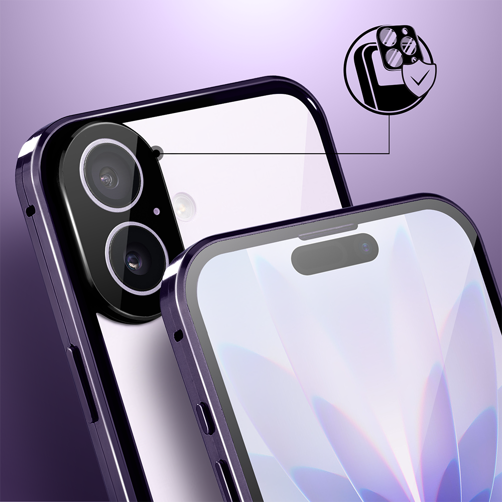 Obudowa do iPhone 17 podwójna szyba i polerowane aluminium 360° magnetyczna, z osłoną aparatu, fioletowa (1)