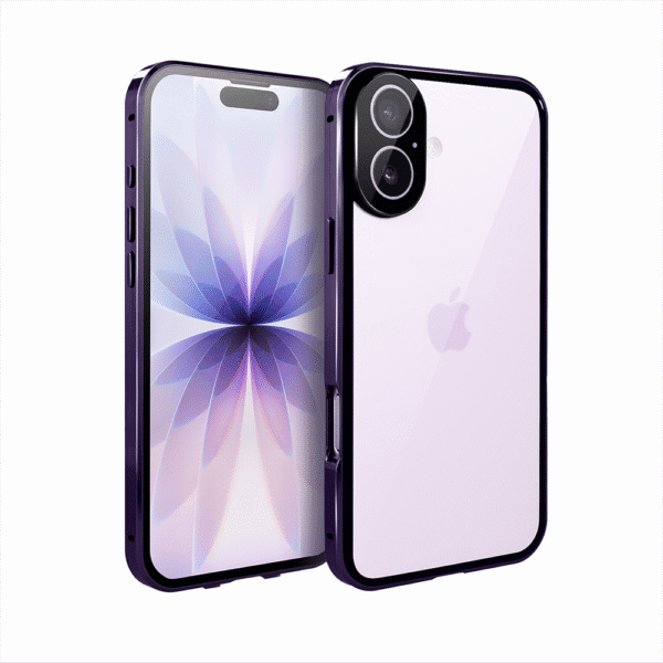 Obudowa do iPhone 17 podwójna szyba i polerowane aluminium 360° magnetyczna, z osłoną aparatu, fioletowa