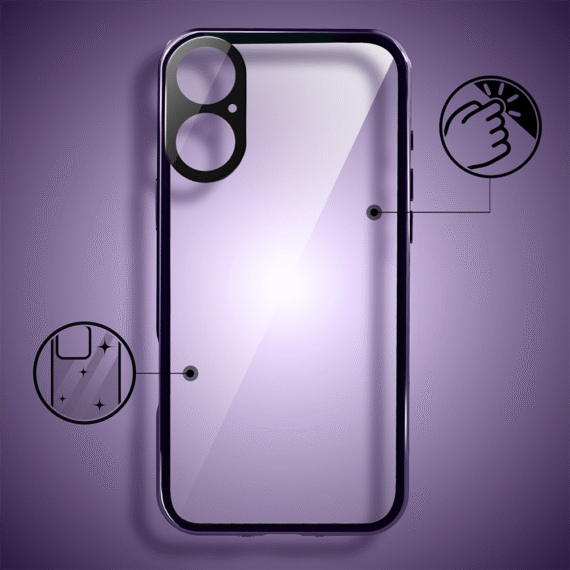 Obudowa do iPhone 17 podwójna szyba i polerowane aluminium 360° magnetyczna, z osłoną aparatu, fioletowa (7)