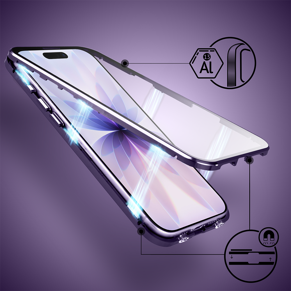 Obudowa do iPhone 17 podwójna szyba i polerowane aluminium 360° magnetyczna, z osłoną aparatu, fioletowa (9)