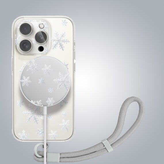 PRO-3Zestaw do iPhone 16 Pro Max: etui, szkło na aparat, ładowarka z osłoną, delikatne płatki śniegu