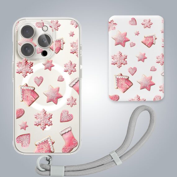 PRO-4Zestaw do iPhone 15 Pro etui, szkło na aparat, power bank, różowe pierniczki grafiki