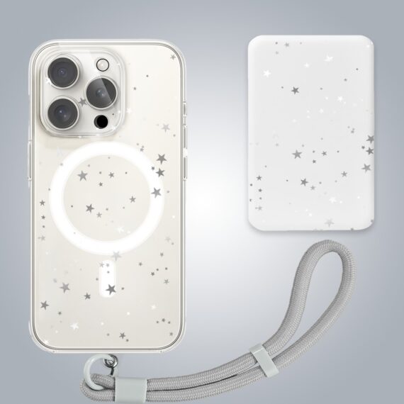 PRO-4Zestaw do iPhone 16 Pro etui, szkło na aparat, power bank, szampańskie gwiazdki grafiki