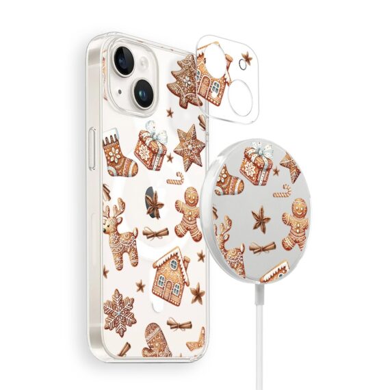Zestaw do iPhone 14 grafika etui, szkło na aparat, ładowarka z osłoną, magia pierniczków