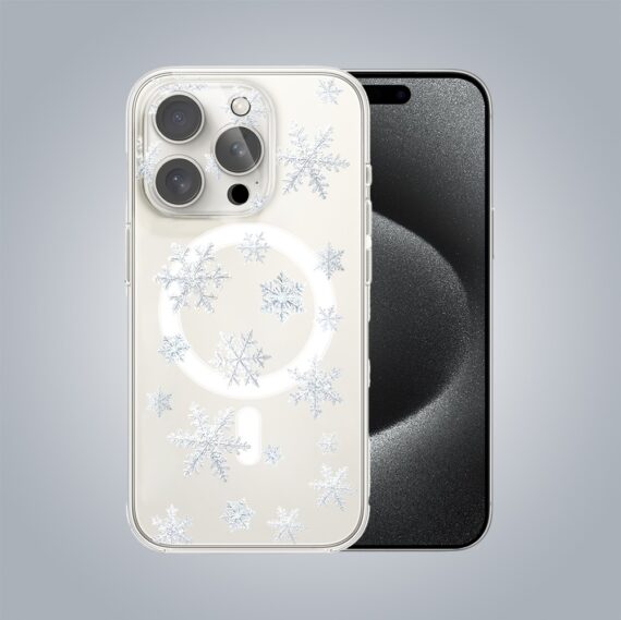Zestaw do iPhone 15 Pro Max etui, szkło na aparat, ładowarka z osłoną, delikatne płatki śniegu