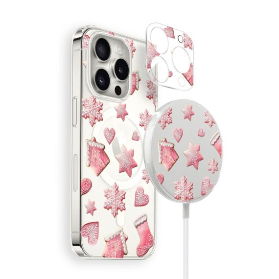 Zestaw do iPhone 16 Pro etui, szkło na aparat, ładowarka z osłoną, różowe pierniczk