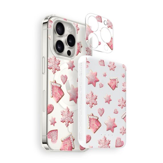 Zestaw do iPhone 16 Pro etui, szkło na aparat, power bank, różowe pierniczki grafika glowna