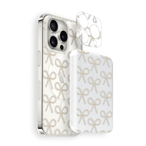 Zestaw do iPhone 16 Pro etui, szkło na aparat, power bank, złote kokardki graifka