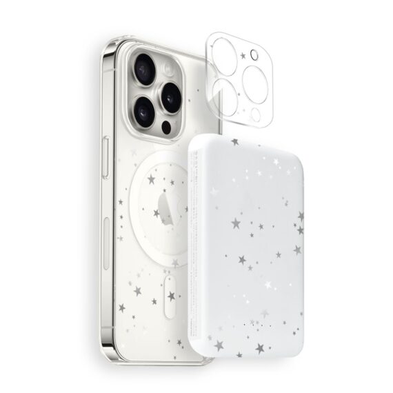 Zestaw do iPhone 16 Pro glowna etui, szkło na aparat, power bank, szampańskie gwiazdki