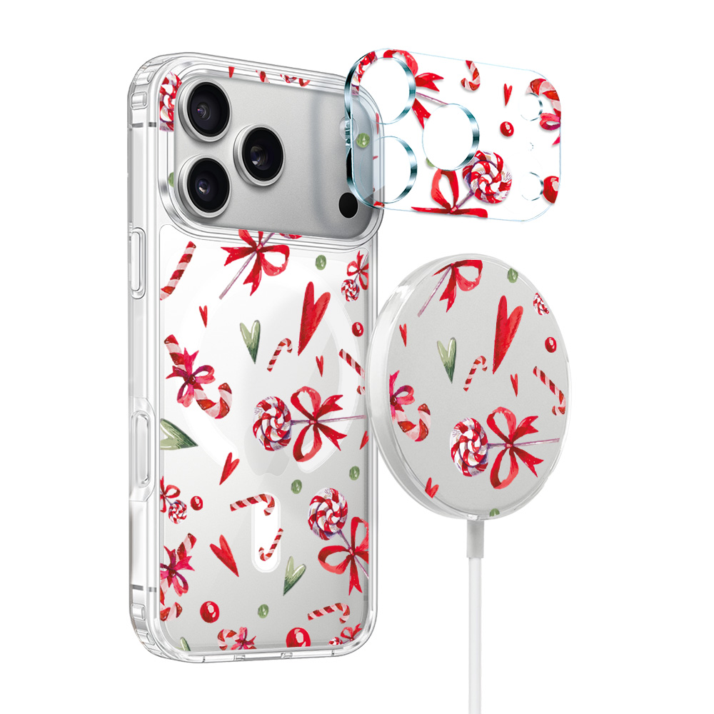 Zestaw do iPhone 17 Pro Max: etui, szkło na aparat, ładowarka z osłoną, cukierki świąteczne