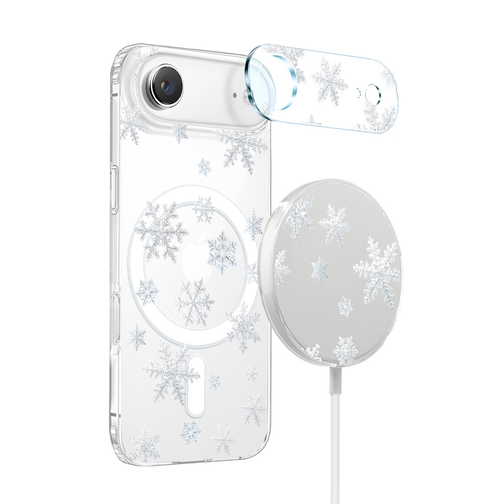 Zestaw do iPhone Air: etui, szkło na aparat, ładowarka z osłoną, delikatne płatki śniegu