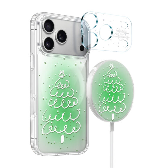 Zestaw etui do iPhone 17 Pro Max, szkło na aparat, ładowarka magnetyczna z etui, malowana choinka na zielonym świetle