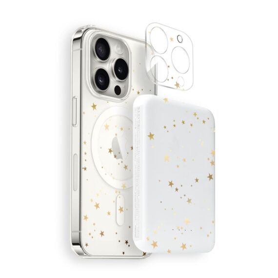 grafika glowna Zestaw do iPhone 16 Pro etui, szkło na aparat, power bank, złote gwiazdki