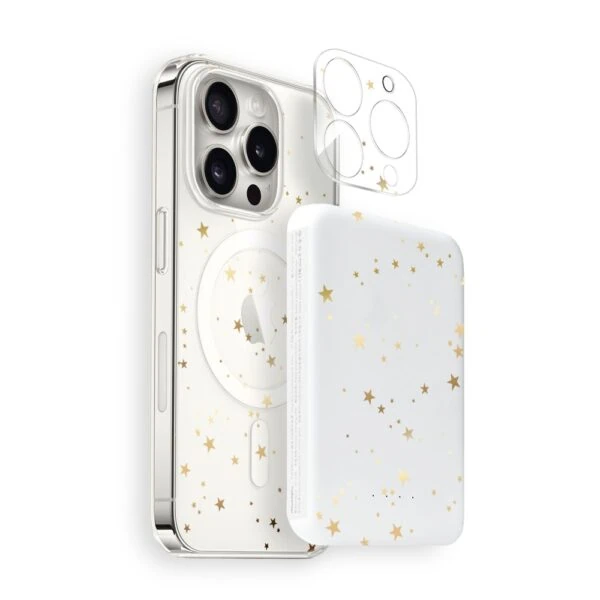 Zestaw do iPhone 16 Pro Max: etui, szkło na aparat, power bank, złote gwiazdki