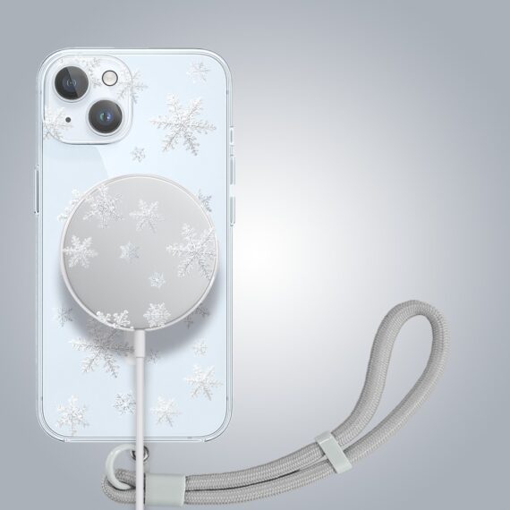 ip 15-4Zestaw do iPhone 15: etui, szkło na aparat, ładowarka z osłoną, delikatne płatki śniegu