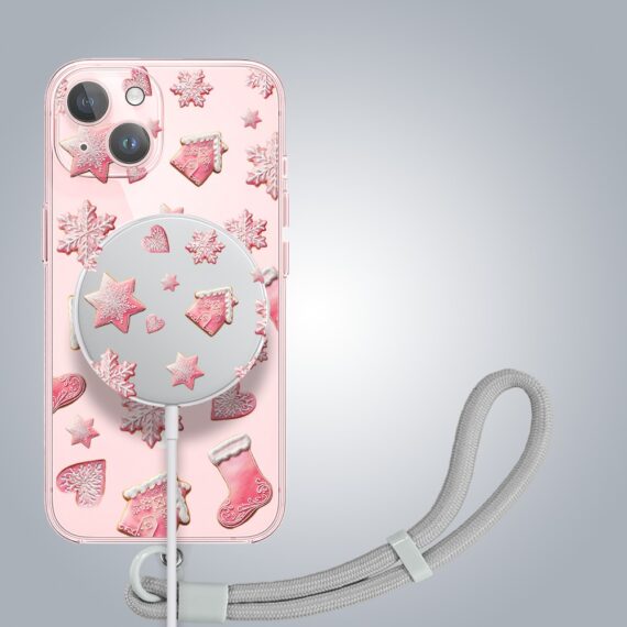 ip 15-4Zestaw do iPhone 15: etui, szkło na aparat, ładowarka z osłoną, różowe pierniczki