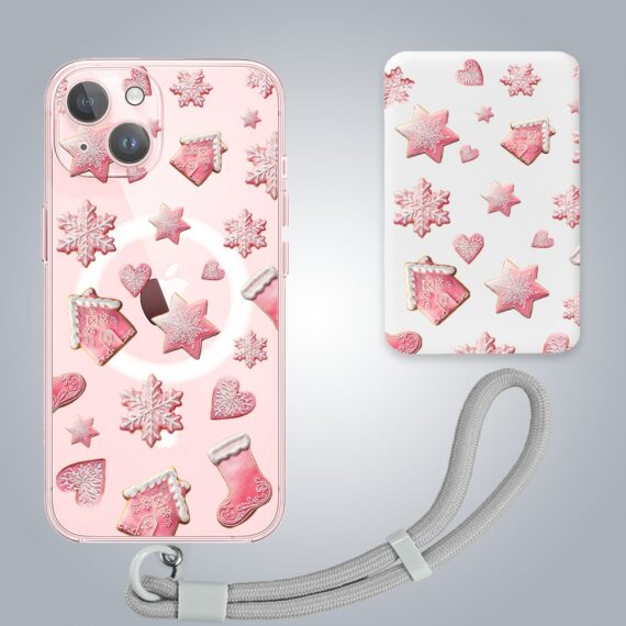 ip 15-5Zestaw do iPhone 15 Plus: etui, szkło na aparat, power bank, różowe pierniczki