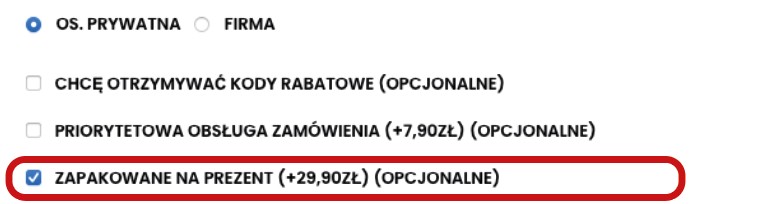 Krok 2: jak zamówić świąteczny zestaw do iPhone - zaznacz Zapakowane na prezent