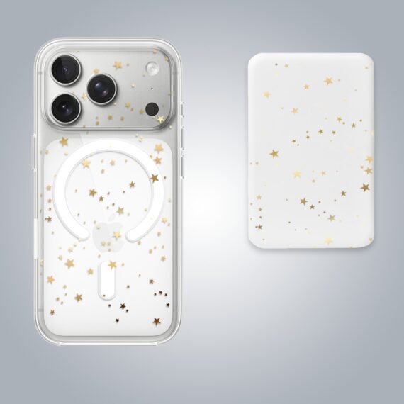 17 proZestaw do iPhone 17 Pro etui, szkło na aparat, power bank, złote gwiazdki doorbione