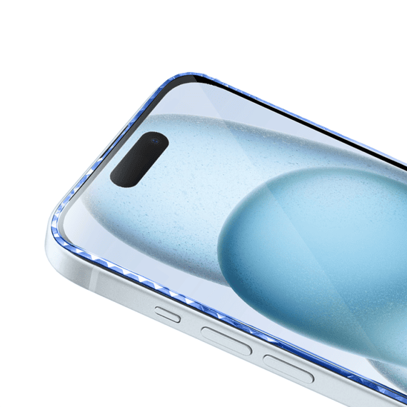 Diamond Cut, twarde szkło z ozdobną diamentową ramką do iPhone 15, niebieskie, nowe (2)