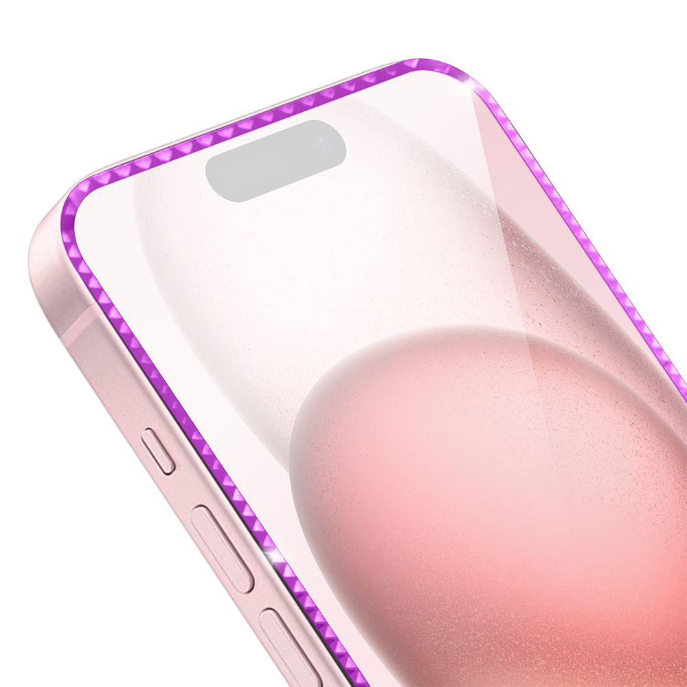 Diamond Cut, twarde szkło z ozdobną diamentową ramką do iPhone 15, różowe (2)