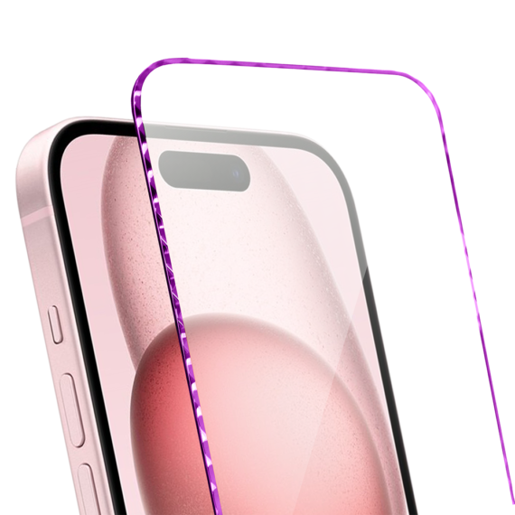 Diamond Cut, twarde szkło z ozdobną diamentową ramką do iPhone 15, różowe (3)