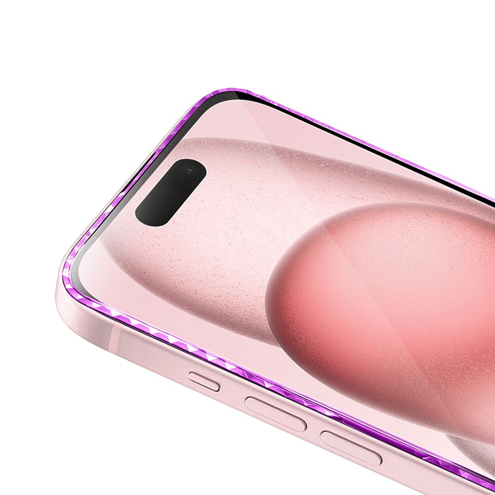 Diamond Cut, twarde szkło z ozdobną diamentową ramką do iPhone 15, różowe, nowe (5)