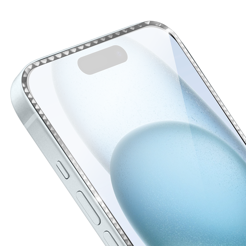 Diamond Cut, twarde szkło z ozdobną diamentową ramką do iPhone 15, srebrne (1)