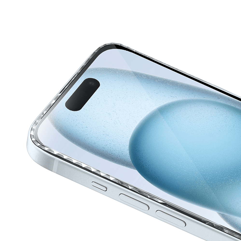 Diamond Cut, twarde szkło z ozdobną diamentową ramką do iPhone 15, srebrne, nowe (2)