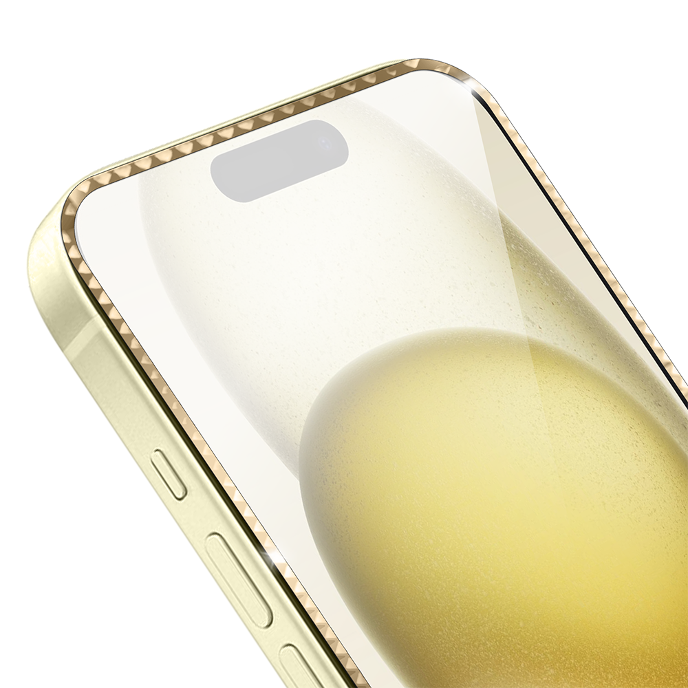Diamond Cut, twarde szkło z ozdobną diamentową ramką do iPhone 15, złote (2)