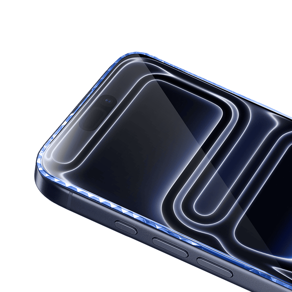 Diamond Cut, twarde szkło z ozdobną diamentową ramką do iPhone 17 Pro Max, niebieskie, nowe (1)