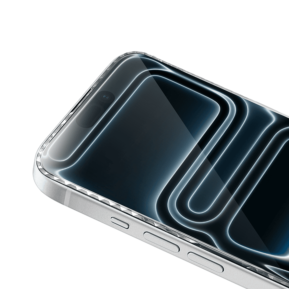 Diamond Cut, twarde szkło z ozdobną diamentową ramką do iPhone 17 Pro Max, srebrne, nowe (2)