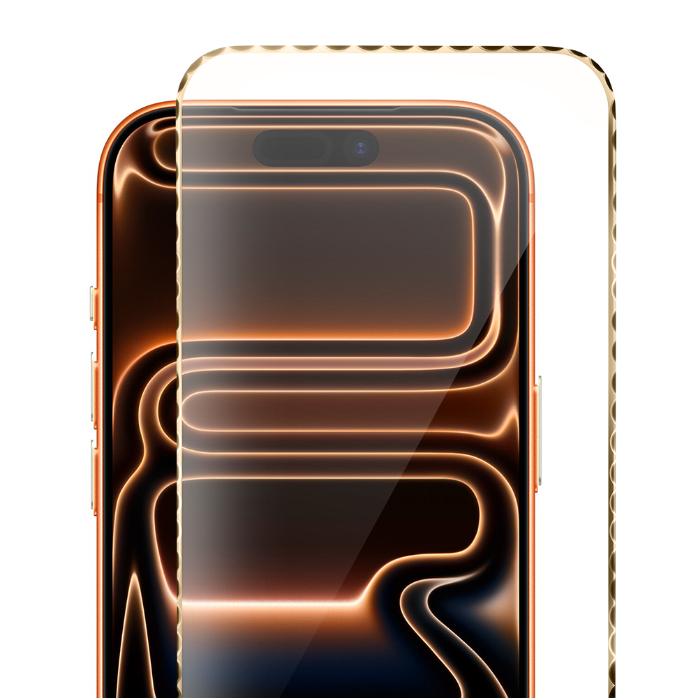 Diamond Cut, twarde szkło z ozdobną diamentową ramką do iPhone 17 Pro Max, złote (1)