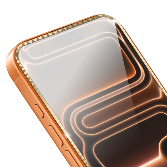 Diamond Cut, twarde szkło z ozdobną diamentową ramką do iPhone 17 Pro Max, złote (2)