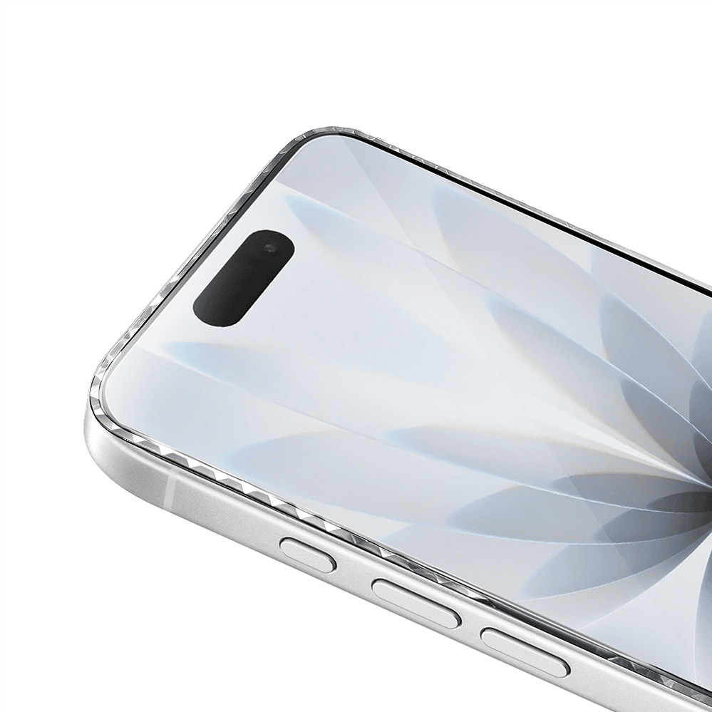 Diamond Cut, twarde szkło z ozdobną diamentową ramką do iPhone 17, srebrne, nowe (3)