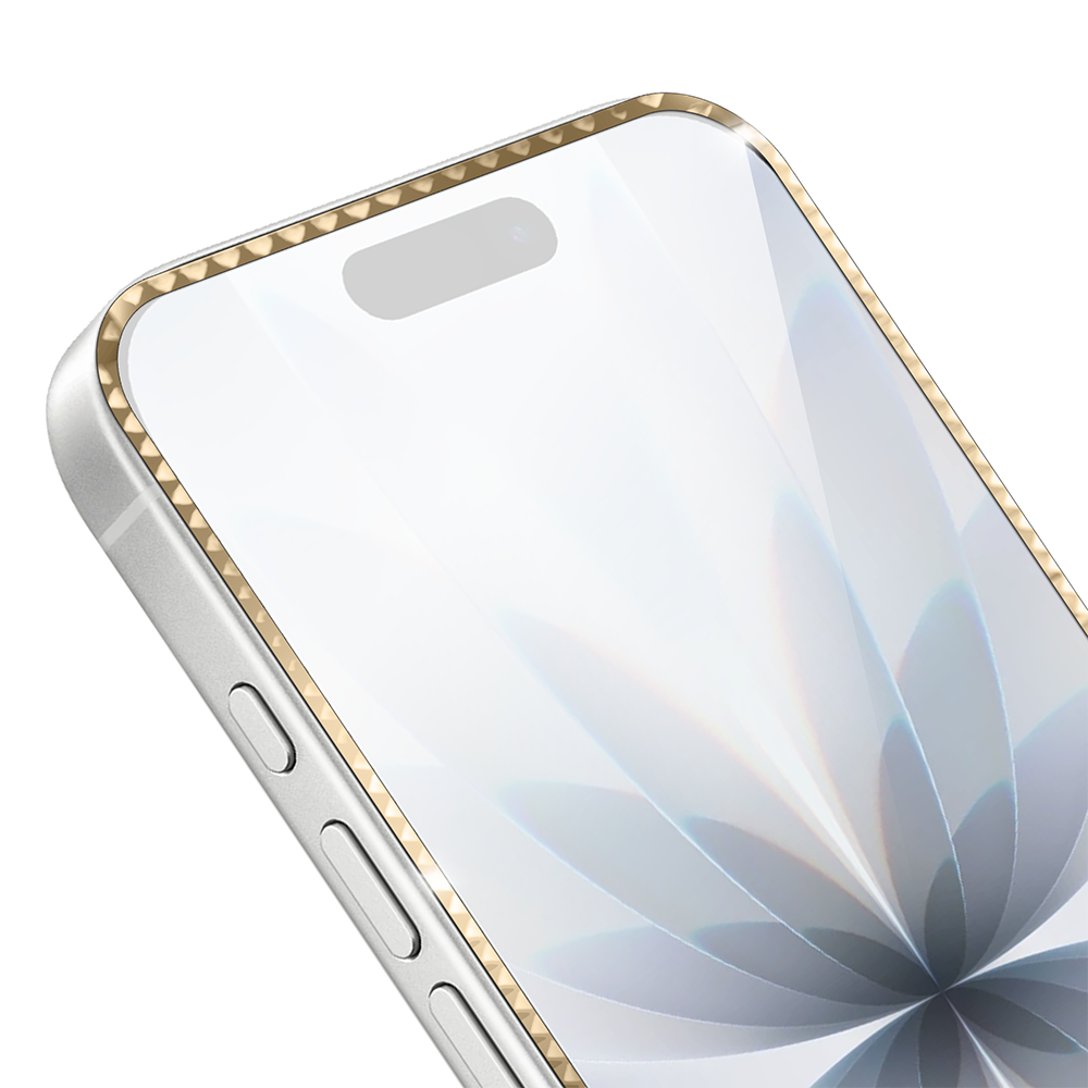 Diamond Cut, twarde szkło z ozdobną diamentową ramką do iPhone 17, złote (2)