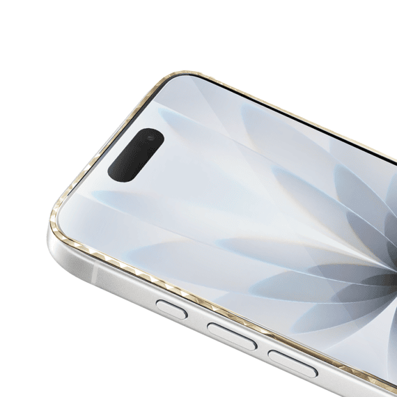 Diamond Cut, twarde szkło z ozdobną diamentową ramką do iPhone 17, złote, nowe (2)