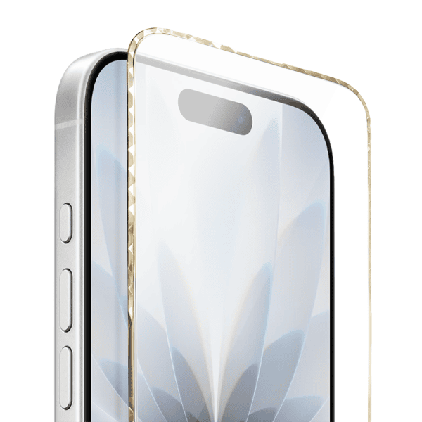 Diamond Cut, twarde szkło z ozdobną diamentową ramką do iPhone 17, złote, nowe (4)
