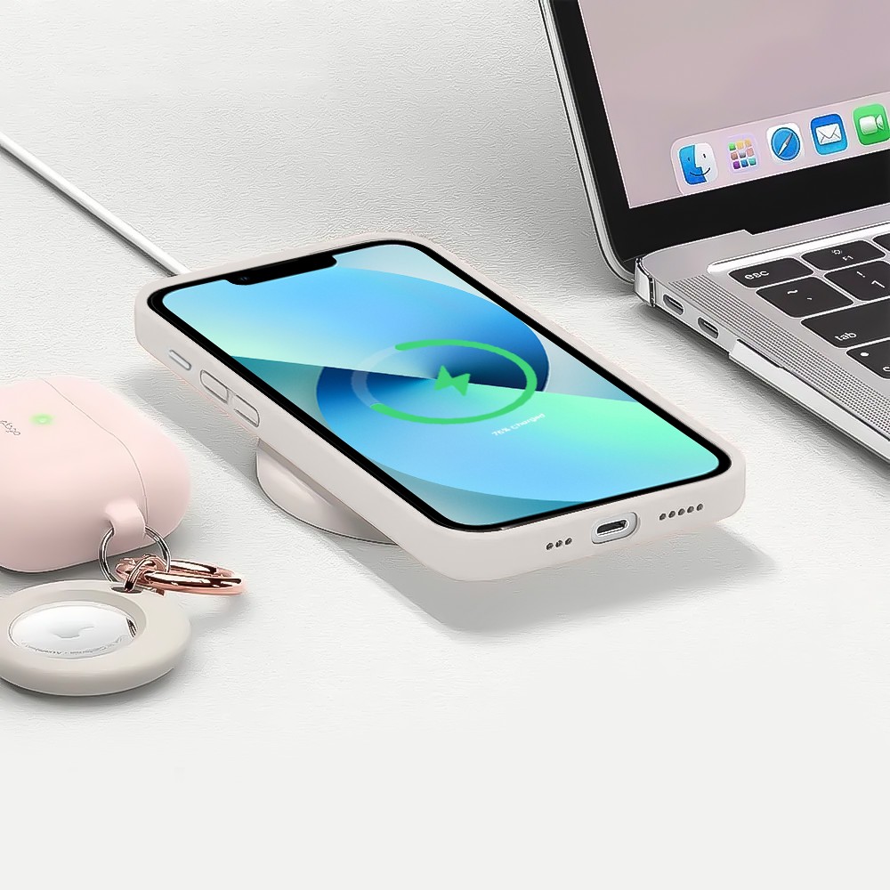 Etui do iPhone 13 silikonowe z mikrofibrą soft touch z osłoną na aparat, kremowe (5)