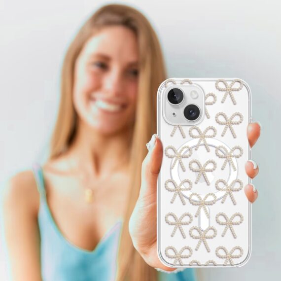 Etui do iPhone 13 z MagSafe, Przytulne święta, Złote kokardki, przeźroczyste3